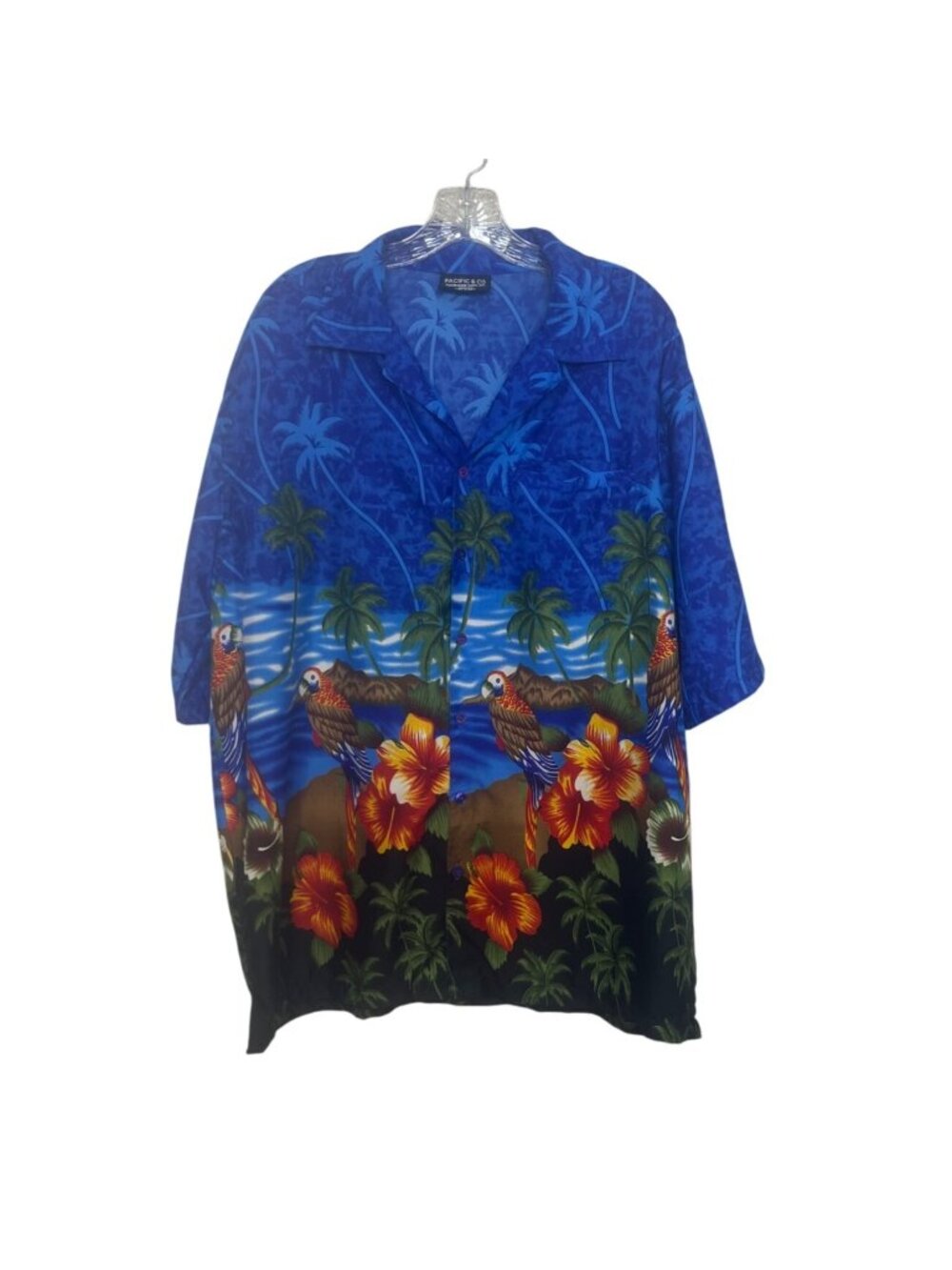 Pacific & Co Hawaiian Shirt Mens‎ Large Blue Palm Parrots Button Front
